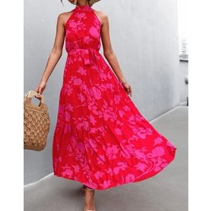 Boho pink floral print halter maxi dress